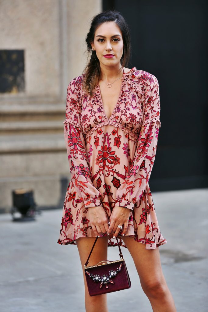 red and blush floral suede dress
