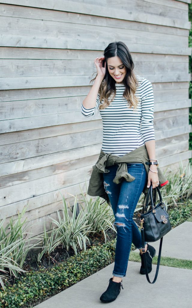 striped tee, army jacket, brunch ideas in houston for moms