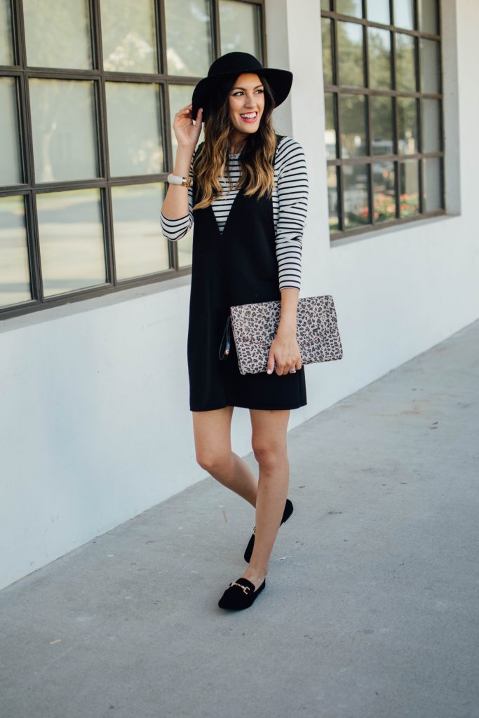 black neck dress, striped tee and loafers
