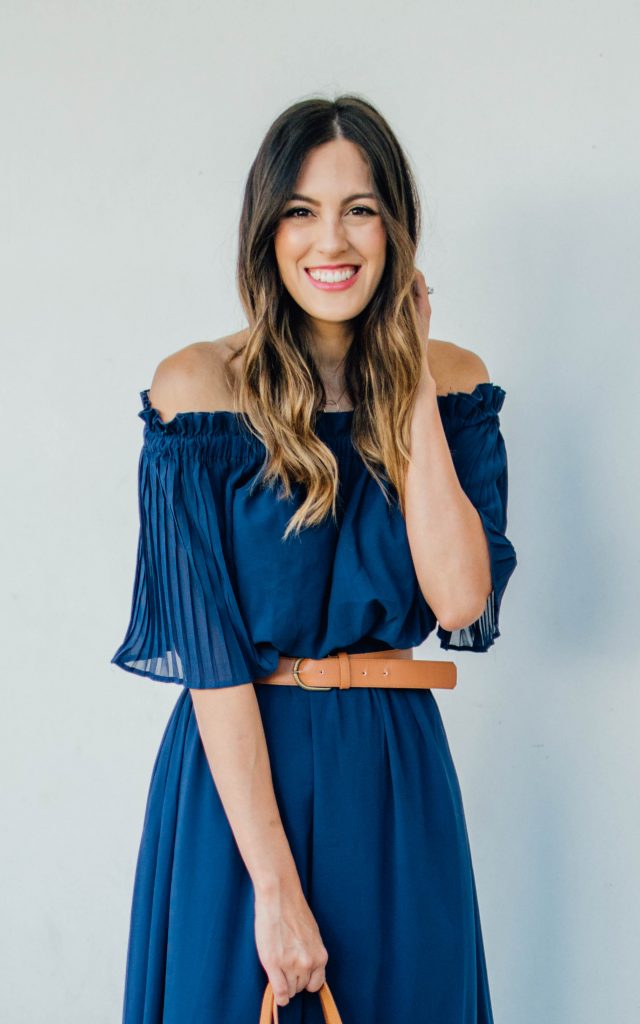 blue off the shoulder pleated dress