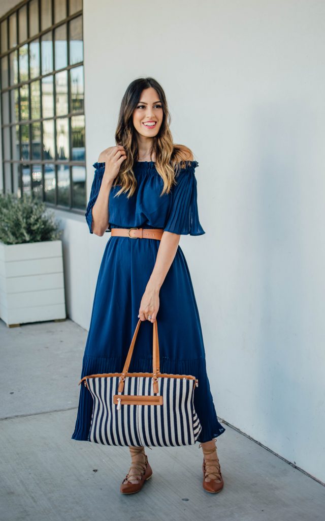 blue off the shoulder pleated dress