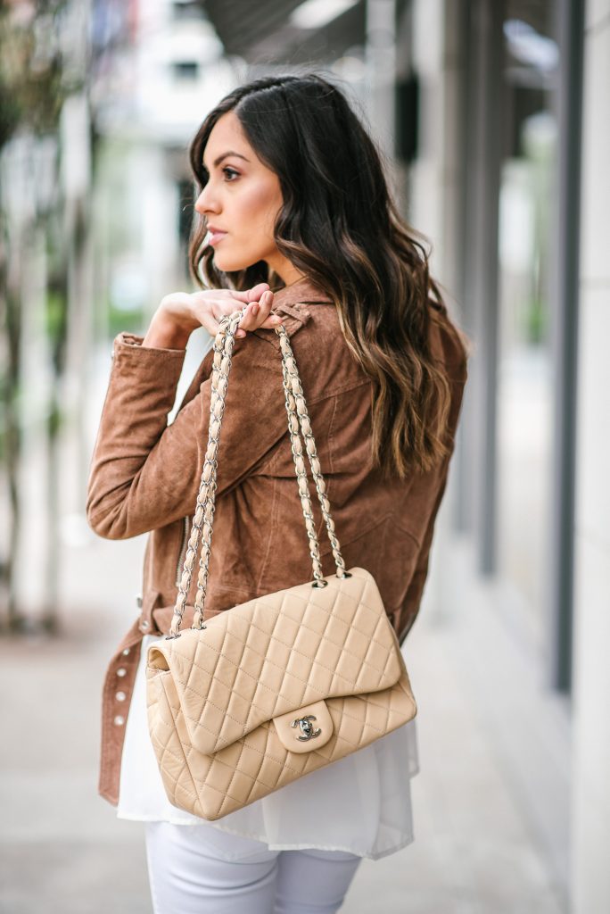 style the girl white sheer top and brown suede moto jacket