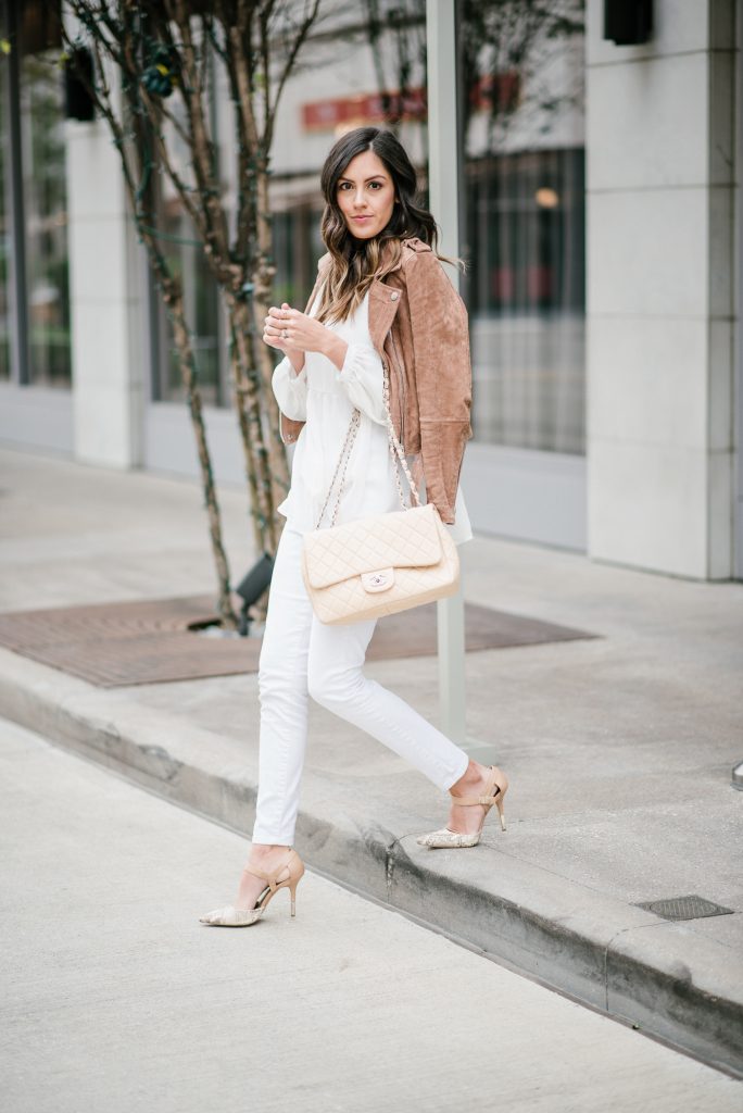 style the girl white sheer top and suede moto jacket