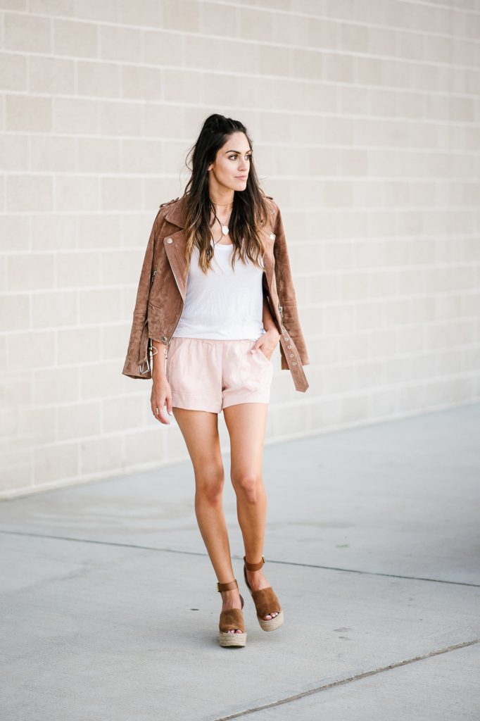 Style The Girl Brown Suede Jacket, Blush Pink Shorts