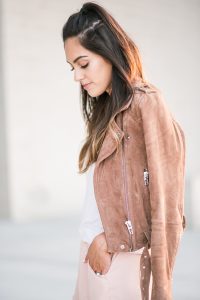 Style The Girl Brown Suede Jacket, Blush Pink Shorts