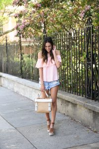 Style The Girl Pink Off The Shoulder Top, Ripped Shorts & Brown Wedges