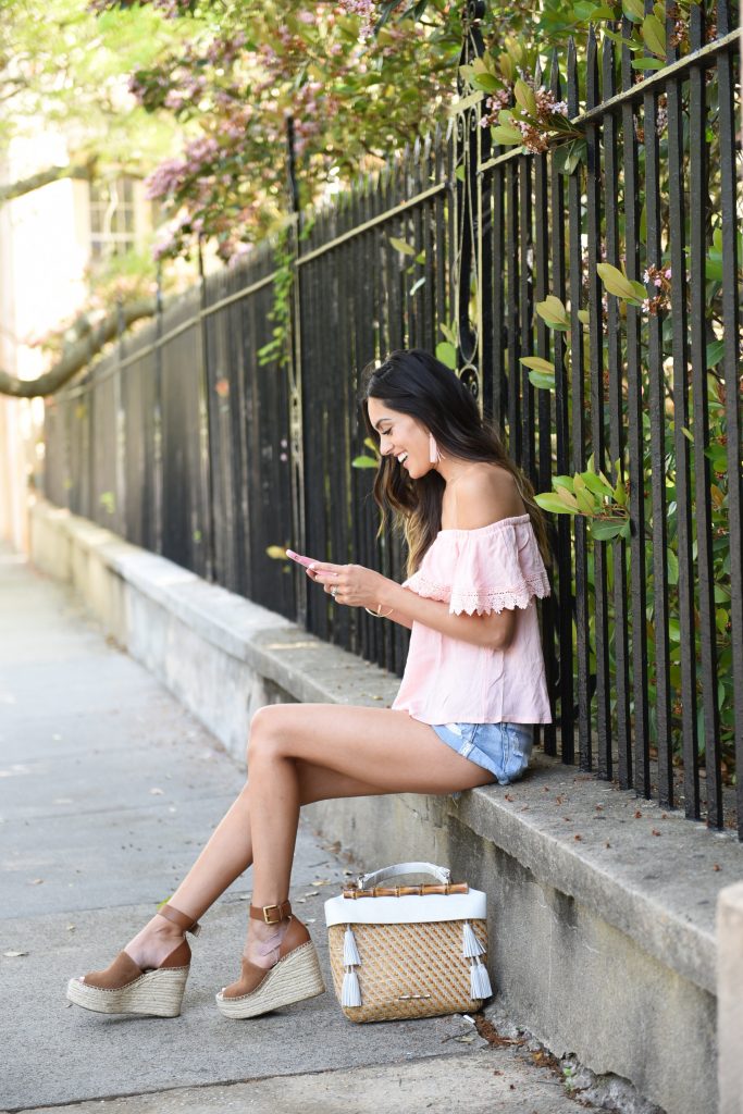 Style The Girl Pink Off The Shoulder Top, Ripped Shorts & Brown Wedges