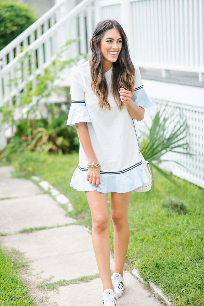 Style The Girl Ruffle Hem Dress and Adidas Sneakers