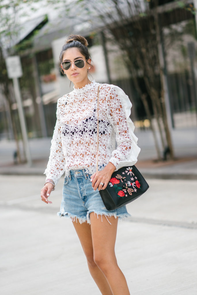 Style The Girl Denim Shorts and Sheer White Top