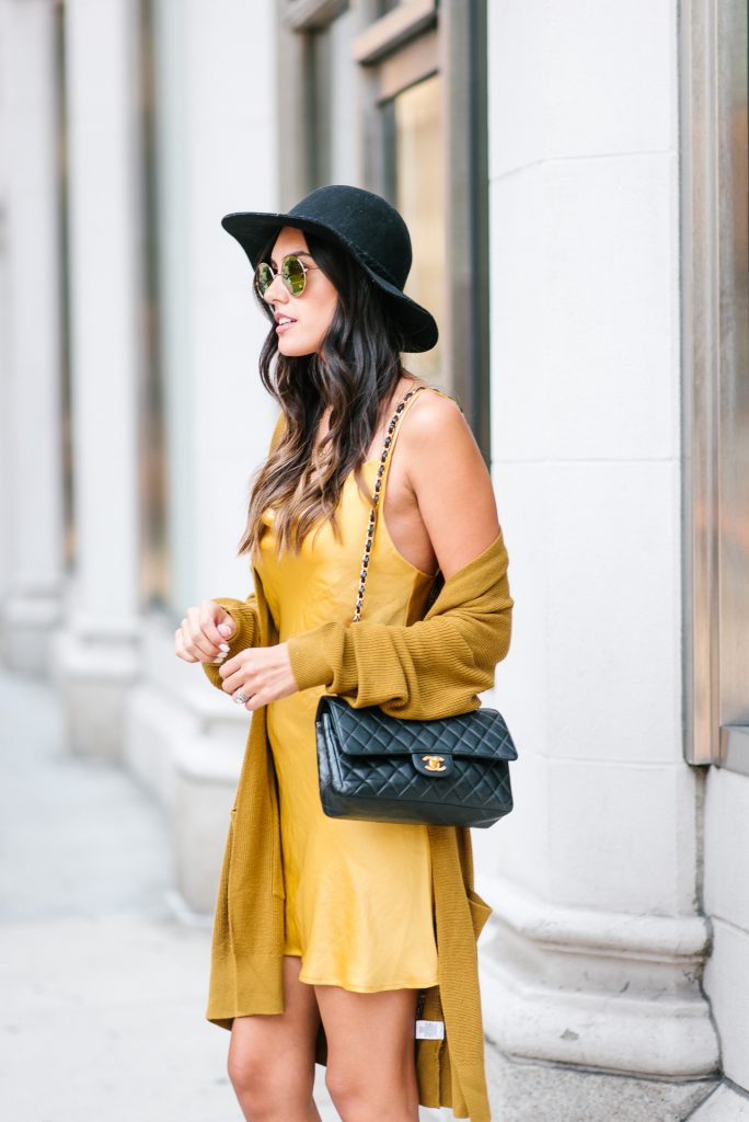 Style The Girl Mustard Yellow Slip Dress and Oversized Cardigan NYFW