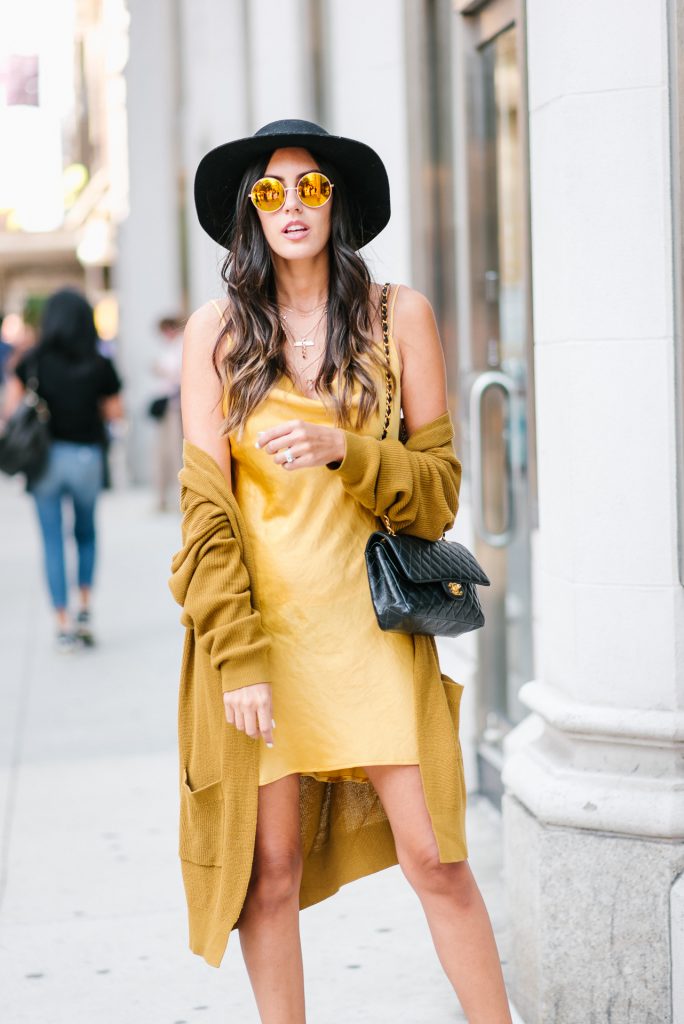 Style The Girl Mustard Yellow Slip Dress and Oversized Cardigan NYFW