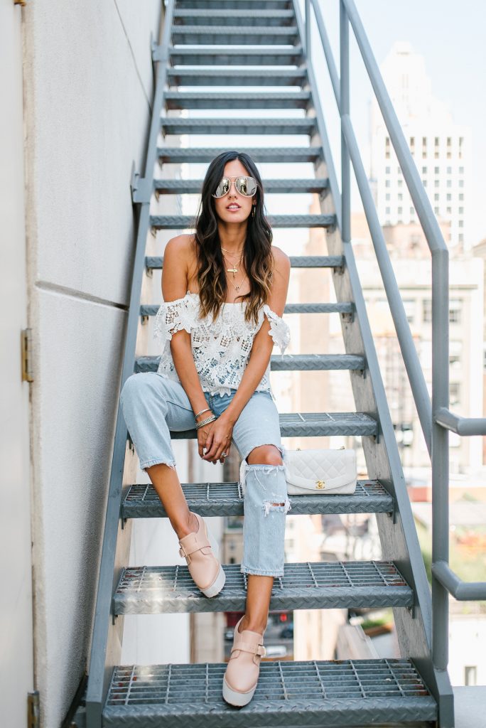 Style The Girl Off The Shoulder Lace Top and Ripped Boyfriend Jeans NYFW