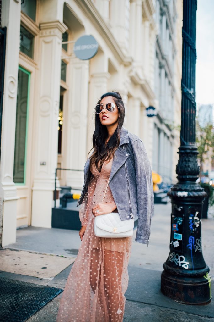 Style The Girl Sheer Star Embroidered Maxi Dress with Grey Suede Jacket NYFW