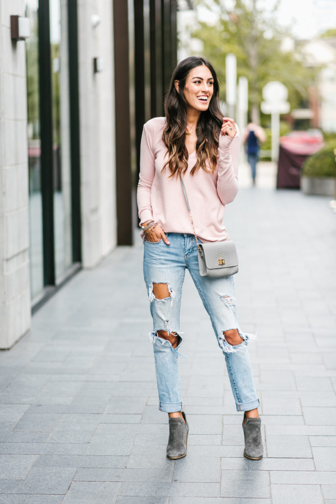 Style The Girl Pink Sweater and Ripped Jeans Outfit