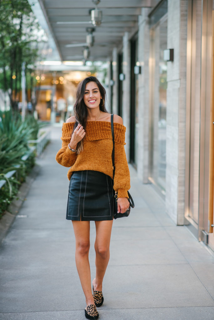 Style The Girl Chenille Off The Shoulder Top and Pleather Skirt