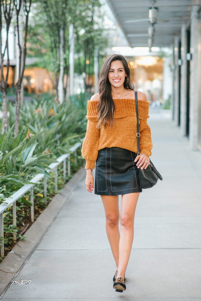 Style The Girl Chenille Off The Shoulder Top and Pleather Skirt
