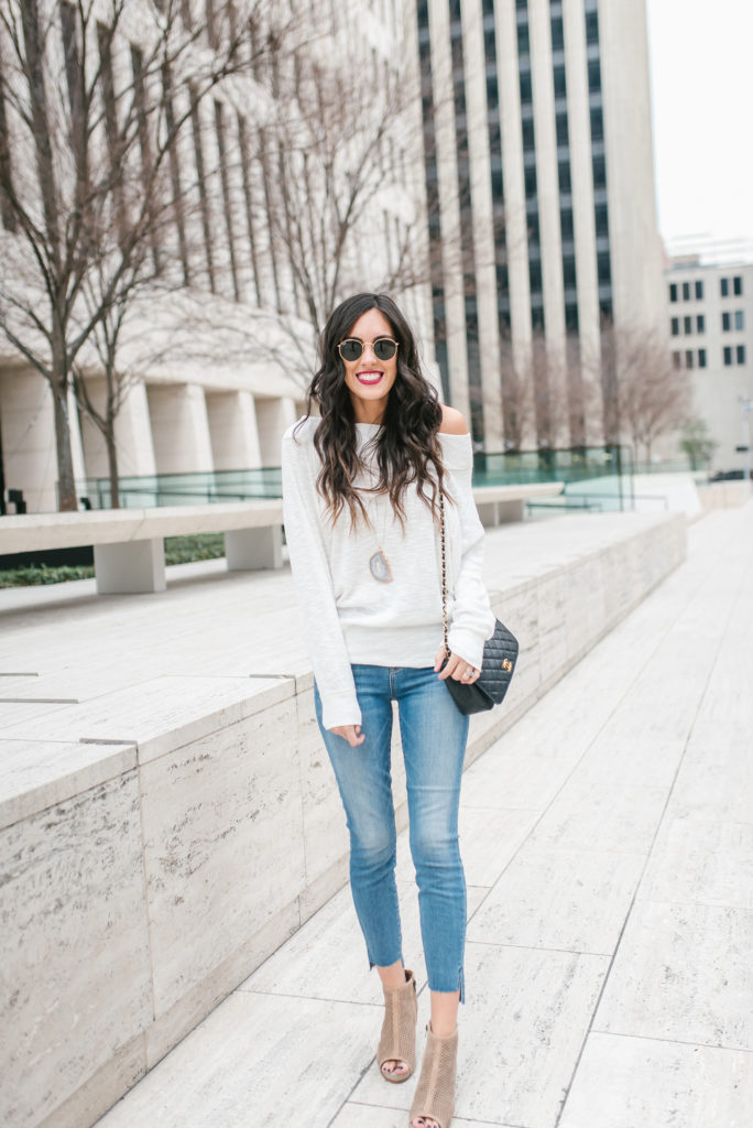 Style The Girl White Off the Shoulder and Jeans Look With Evereve