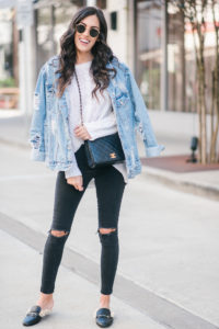 Style The Girl Oversized Denim Jacket, Black Jean and Slides