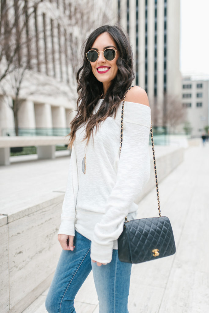 Style The Girl White Off the Shoulder and Jeans Look With Evereve