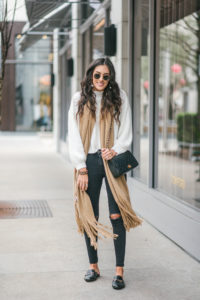 Style The Girl White Sweater with Black Distressed Jeans and Camel Oversized Scarf Winter Look