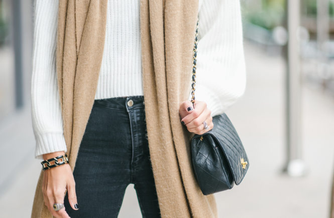 Style The Girl White Sweater with Black Distressed Jeans and Camel Oversized Scarf Winter Look