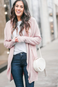 Style The Girl Pink Cardigan, Jeans and Booties Fall Look