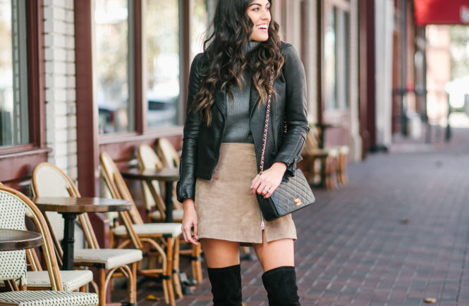 Style The Girl Suede Skirt with Over the knee boots and black leather jacket