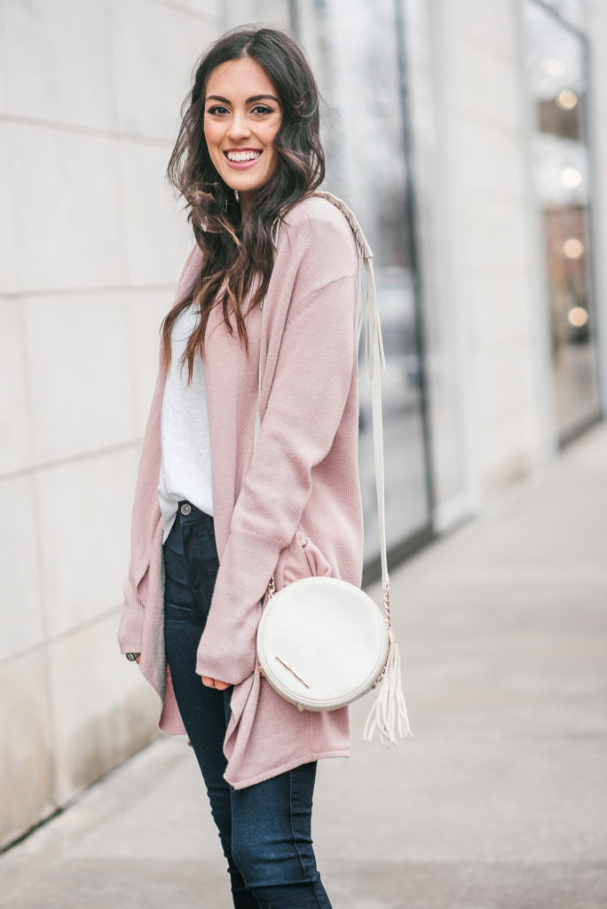 Style The Girl Pink Cardigan, Jeans and Booties Fall Look