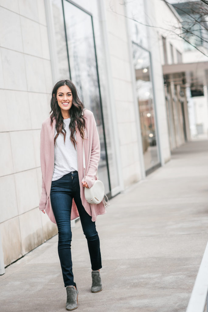 Style The Girl Pink Cardigan, Jeans and Booties Fall Look