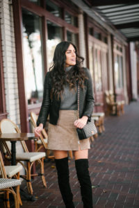 Style The Girl Suede Skirt with Over the knee boots and black leather jacket