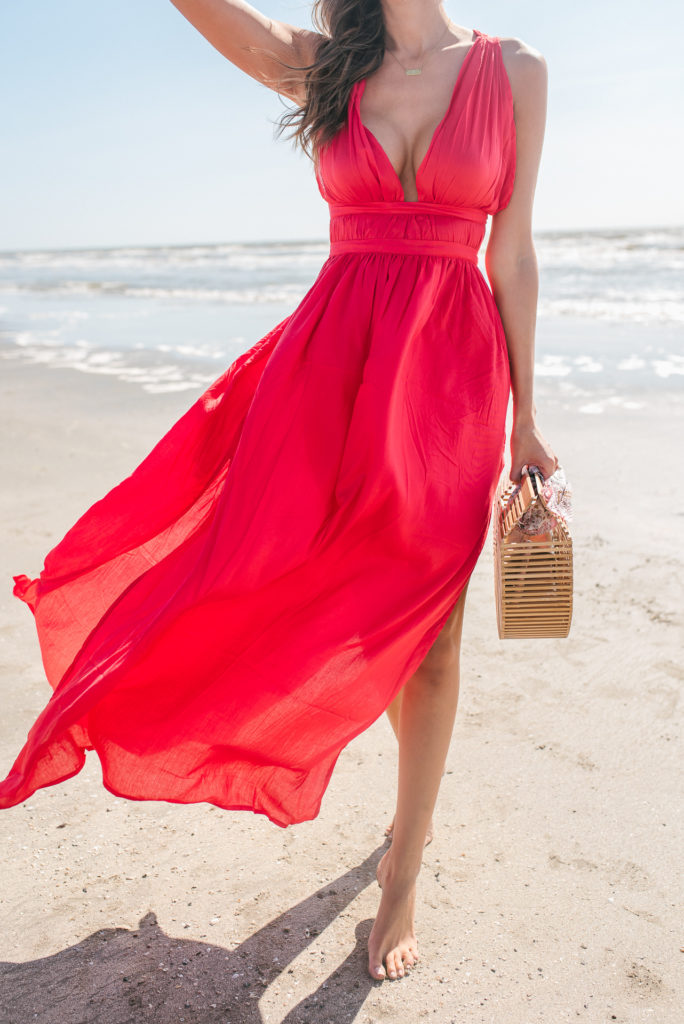 Style The Girl Red Grecian Maxi Dress on the beach