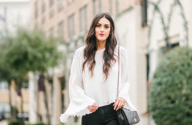Style The Girl White Pleated Bell Sleeve Top with Black Jeans and Nude Heels