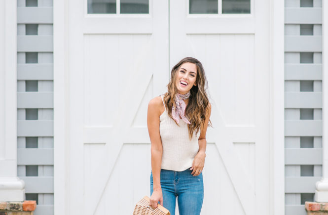 Style The Girl Sleeveless Sweater, Bandana, Ripped High waisted jeans and wedges, spring style