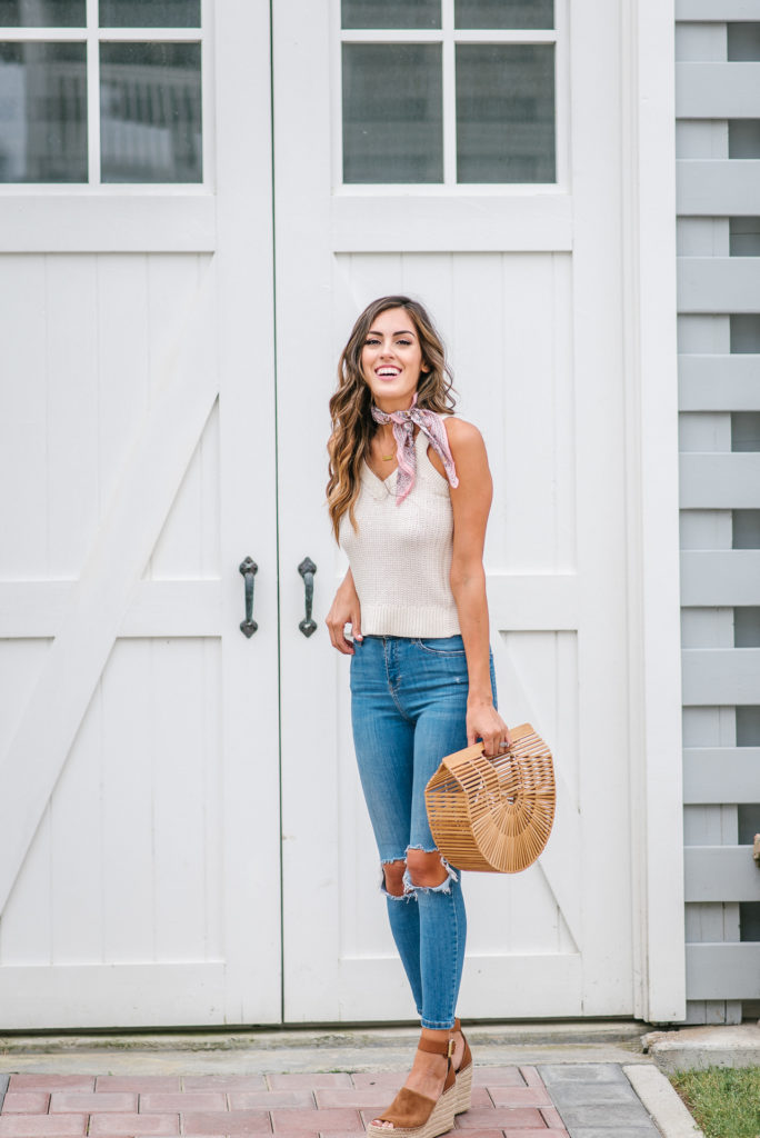 Style The Girl Sleeveless Sweater, Bandana, Ripped High waisted jeans and wedges, spring style