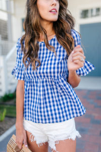 Style The Girl Gingham Top with White Denim Shorts, and espadrille wedges for spring