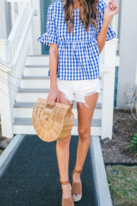 Style The Girl Gingham Top with White Denim Shorts, and espadrille wedges for spring