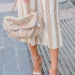 forever 21 tan and white striped jumpsuit with jean jacket chanel bag tan scrappy heels