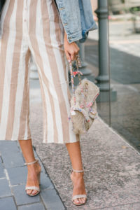 forever 21 tan and white striped jumpsuit with jean jacket chanel bag tan scrappy heels