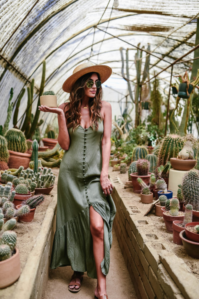 Asos Green Button Down Maxi Dress in a Botanical Garden Straw Hat