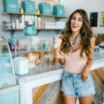 forever 21 Blush pink bodysuit madewell floral bandana agolde shorts in a ice cream shop