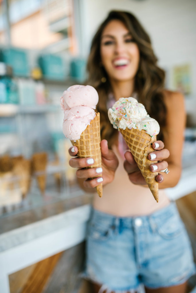 forever 21 Blush pink bodysuit madewell floral bandana agolde shorts in a ice cream shop