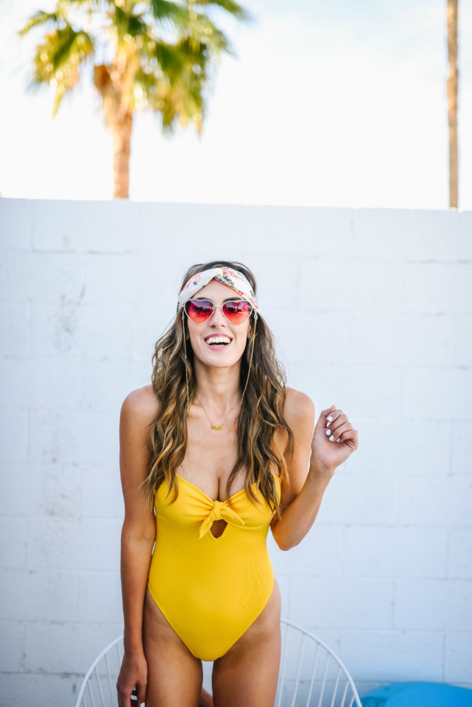 Forever 21 Yellow One Piece Bathing Suit Heart sunglasses with floral head wrap