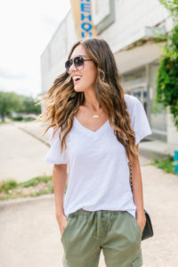 Cut Out Shoulder White Tee Evereve Green Camo Pants for travel style