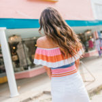Striped Pastel Off the shoulder top white denim ripped skirt