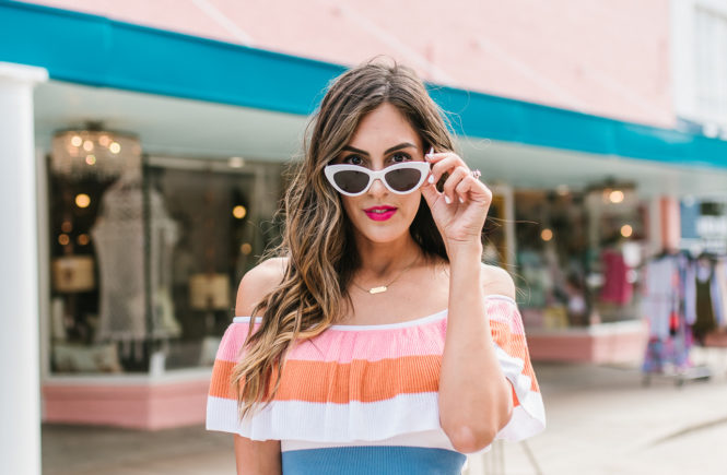 Striped Pastel Off the shoulder top white denim ripped skirt