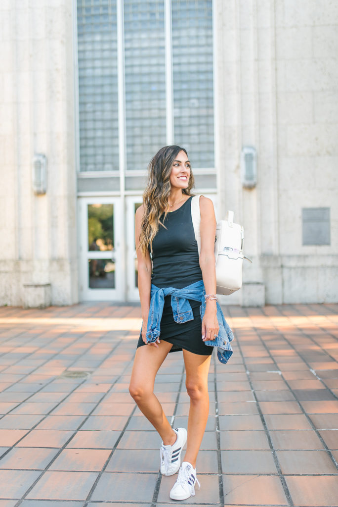 Leith Bodycon Dress with a jean jacket and adidas superstar sneakers casual look