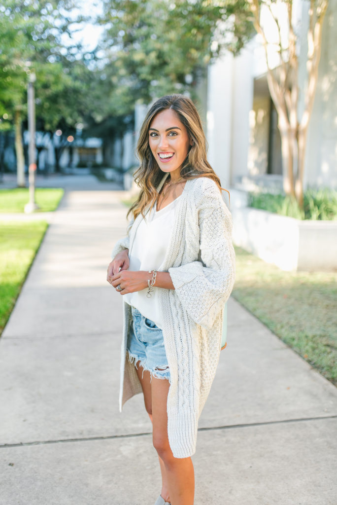 Oversized Knit Sweater with a white leith cami and agolde shorts for back to school