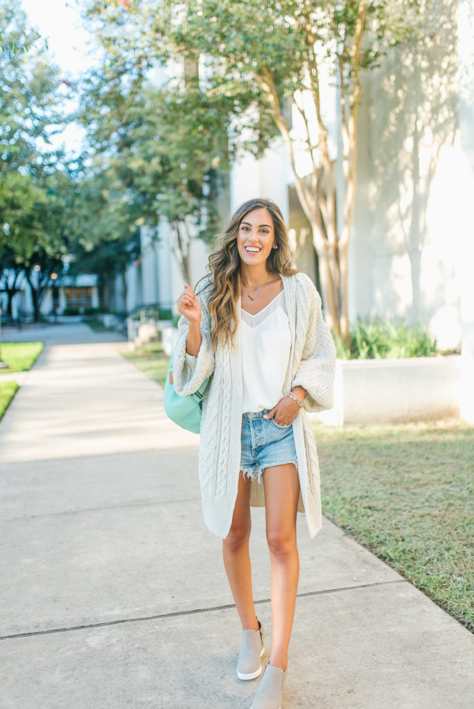 Oversized Knit Sweater with a white leith cami and agolde shorts for back to school