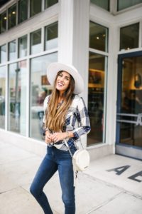 Flannel button down hudson dark washed jeans and white slip on sneakers