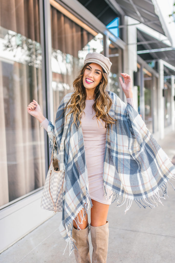Blush Flannel Vest with Lush Bodycon Dress and over the knee boots